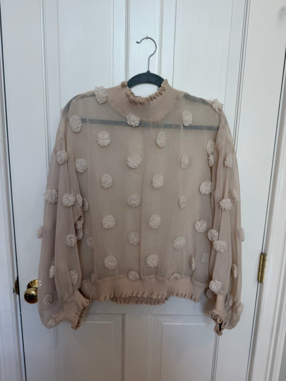 Melloday, Sheer Tufted Pom-Pom / Clip-Dot Mock Neck Blouse, Size L